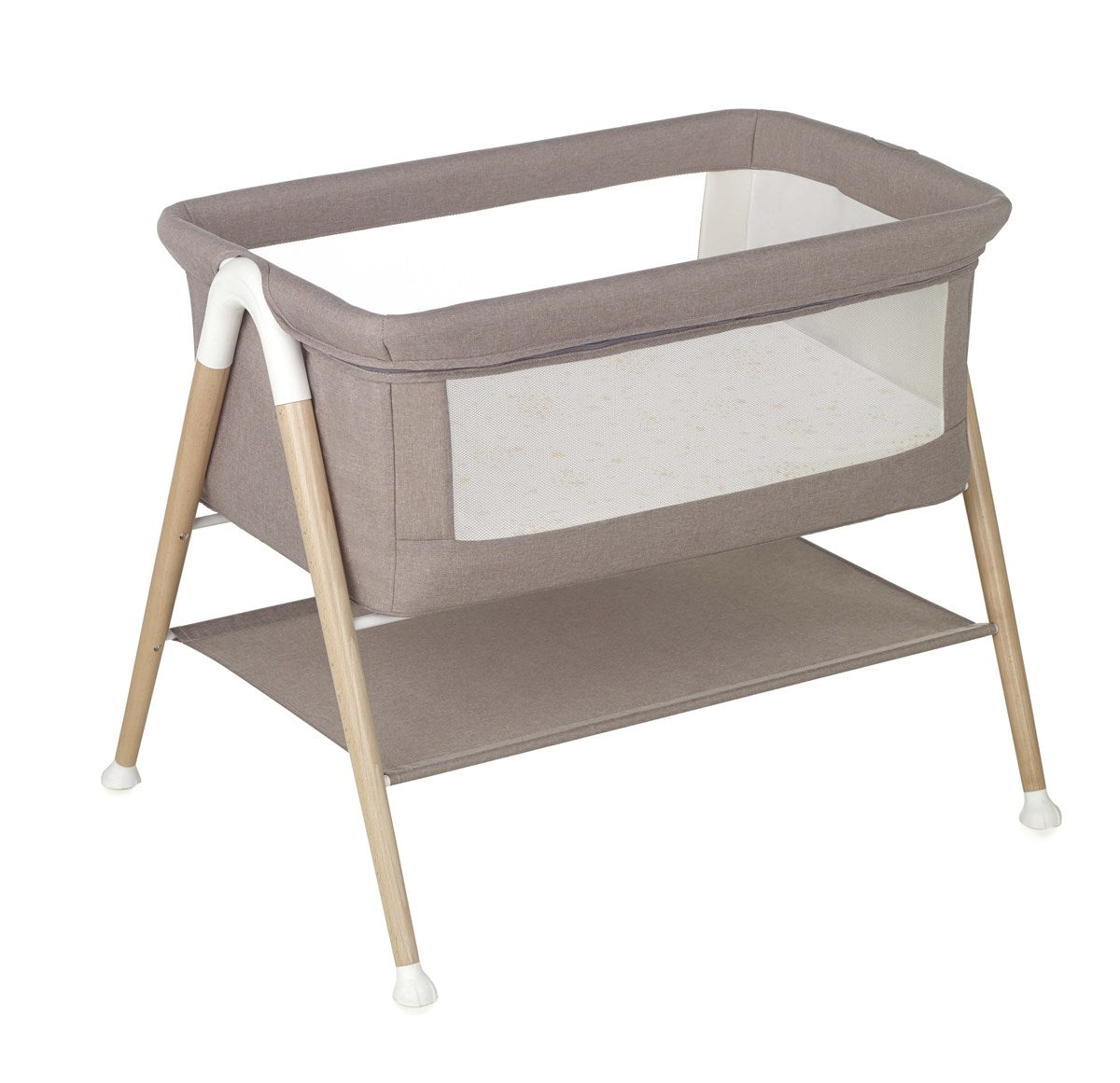 Portable baby crib with beige fabric and wooden legs on a white background
