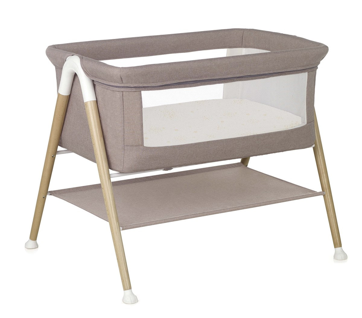 Portable baby crib with beige frame and mattress on a white background