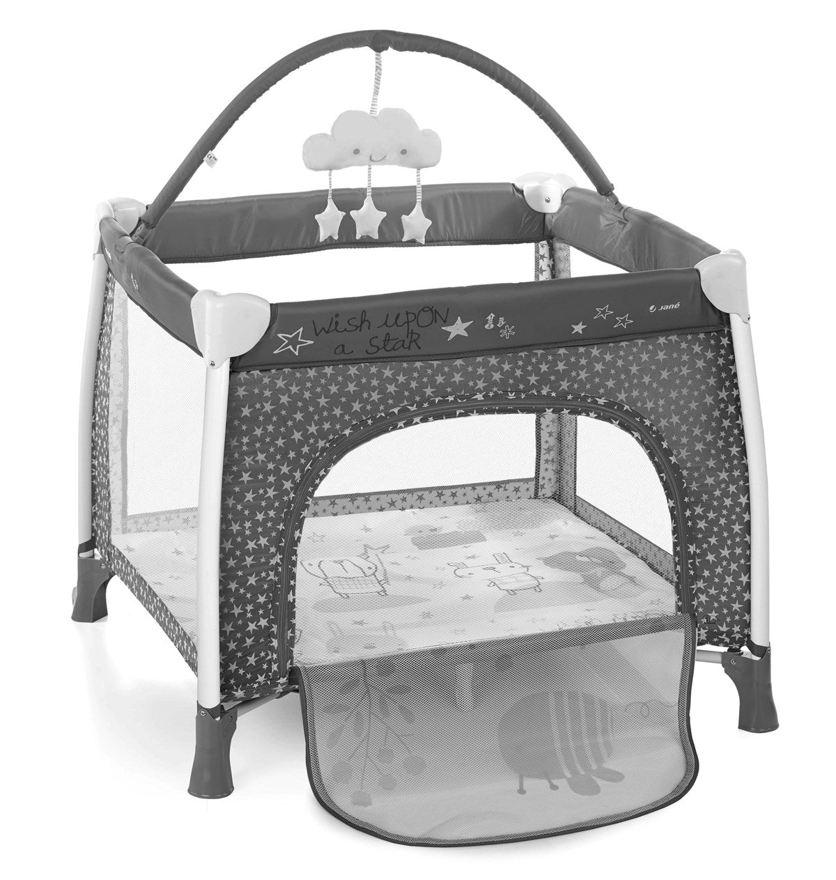 Baby playpen with star pattern and cloud mobile on a white background