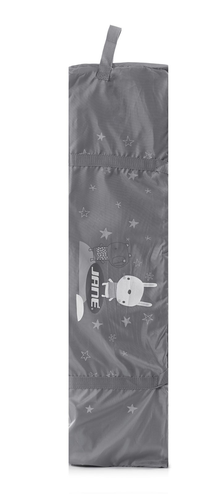 Gray bag with space-themed design on a white background