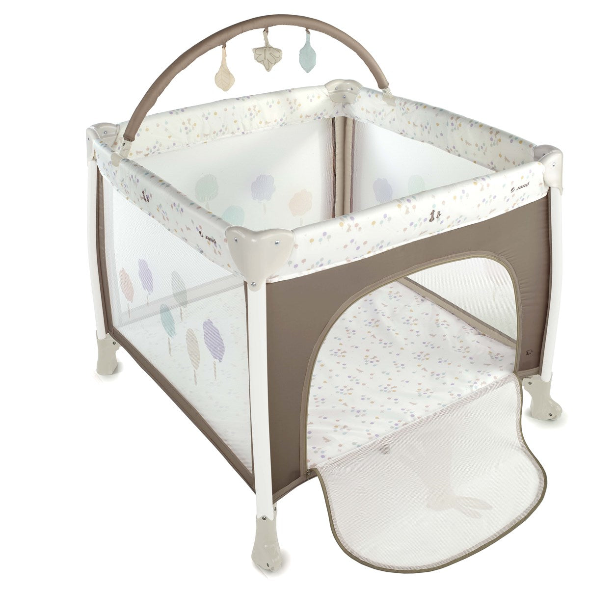 Baby crib with bird pattern on a white background