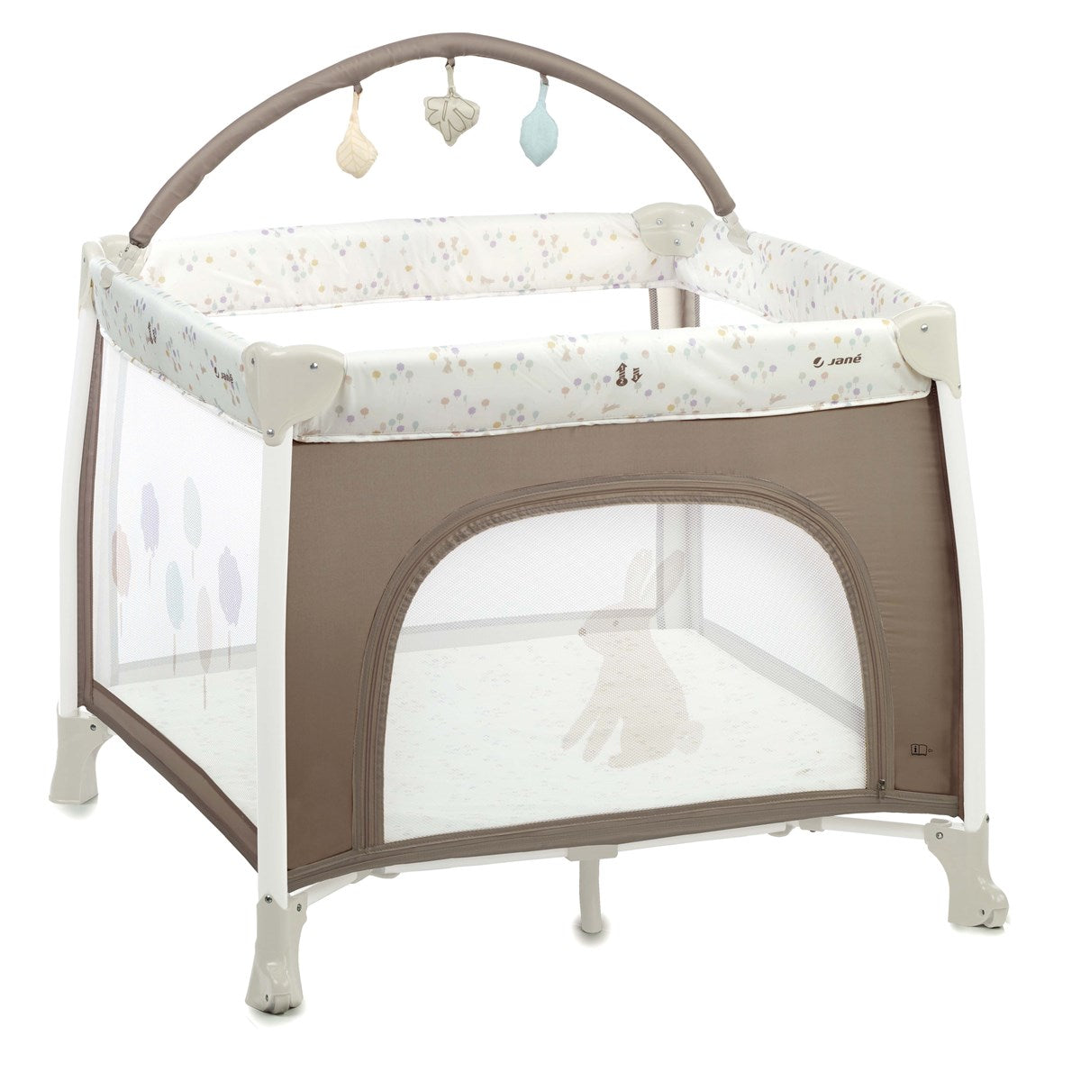 Baby playpen with soft toys hanging above on a white background