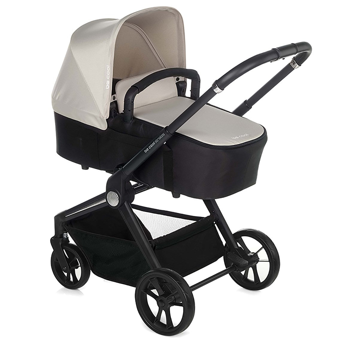 Black and beige stroller on a white background
