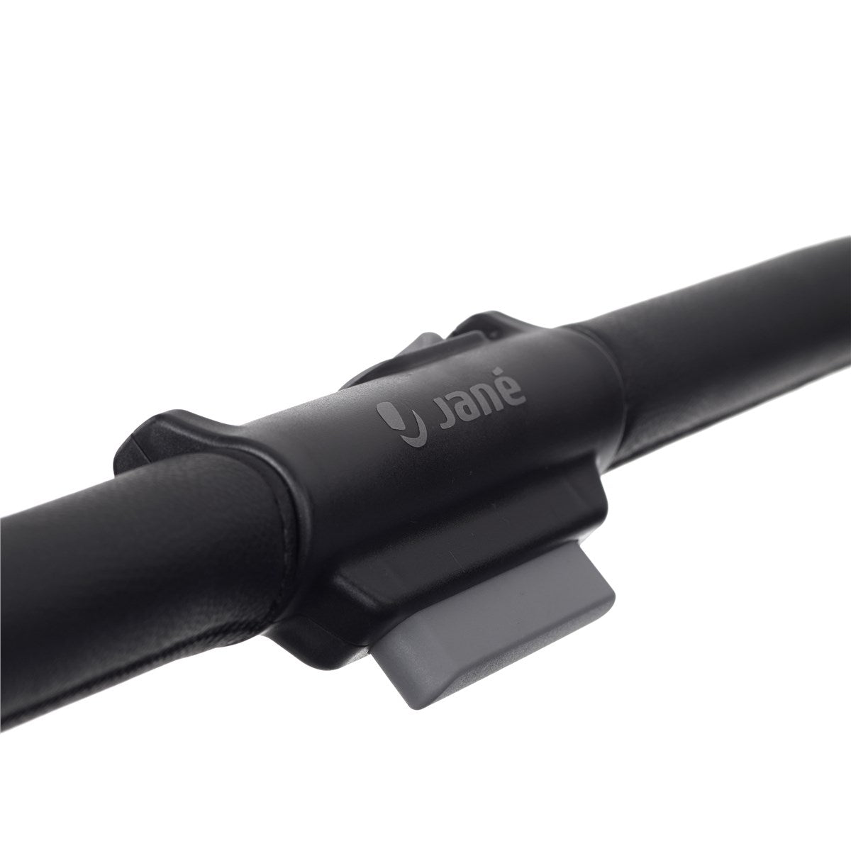 Black stroller handlebar with a 'Jane' logo on a white background