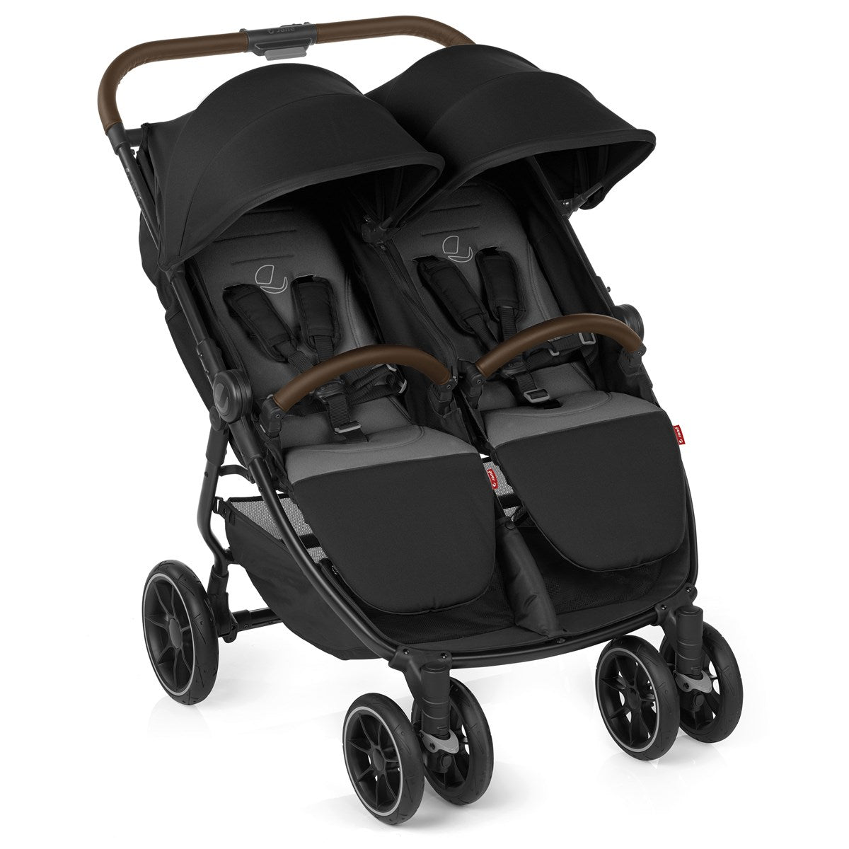 Black double stroller with two seats on a white background