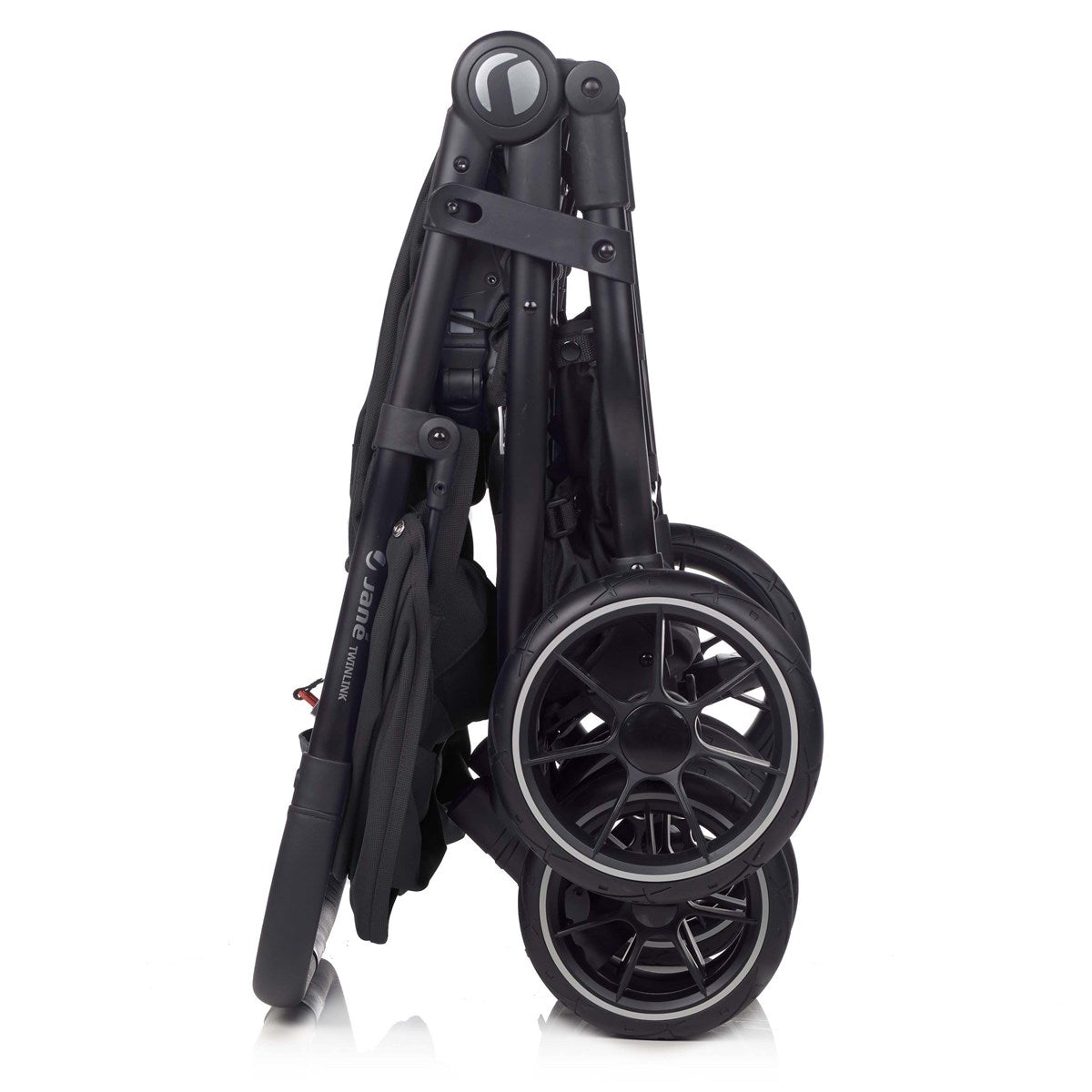 Foldable black stroller on a white background