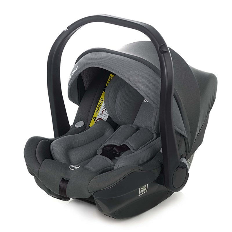 Gray baby car seat with black frame on a white background