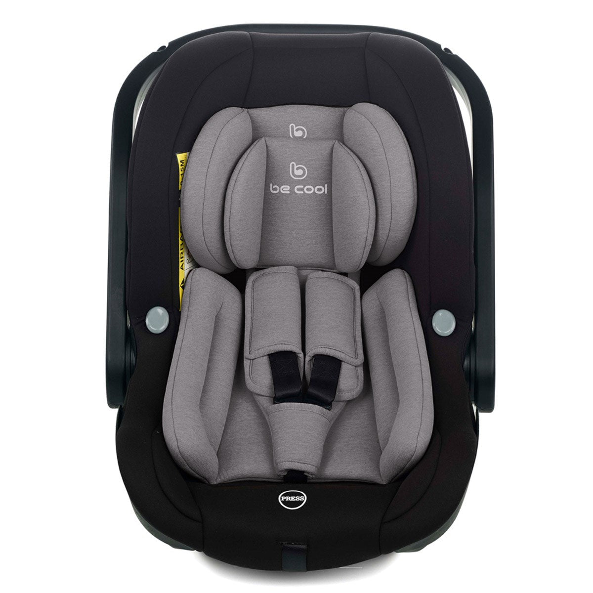 Gray and black car seat with 'be cool' branding on a white background