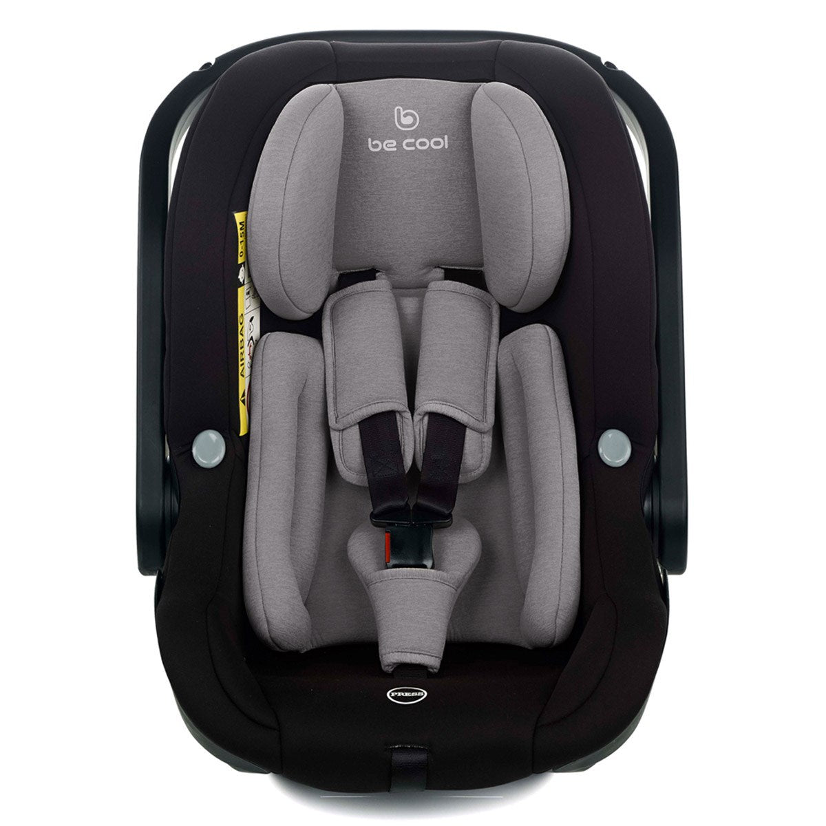 Gray and black car seat with 'be cool' branding on a white background
