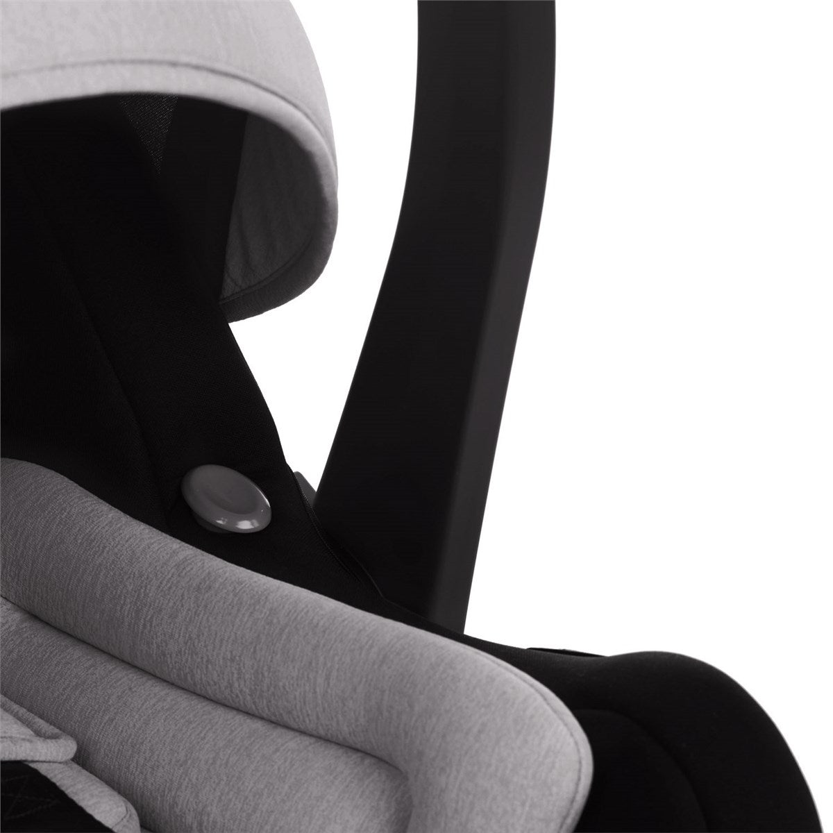 Close-up of a baby car seat with gray hood and seat cover on a white background