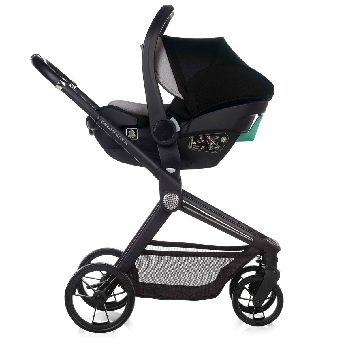 Black stroller with car seat attachment on a white background