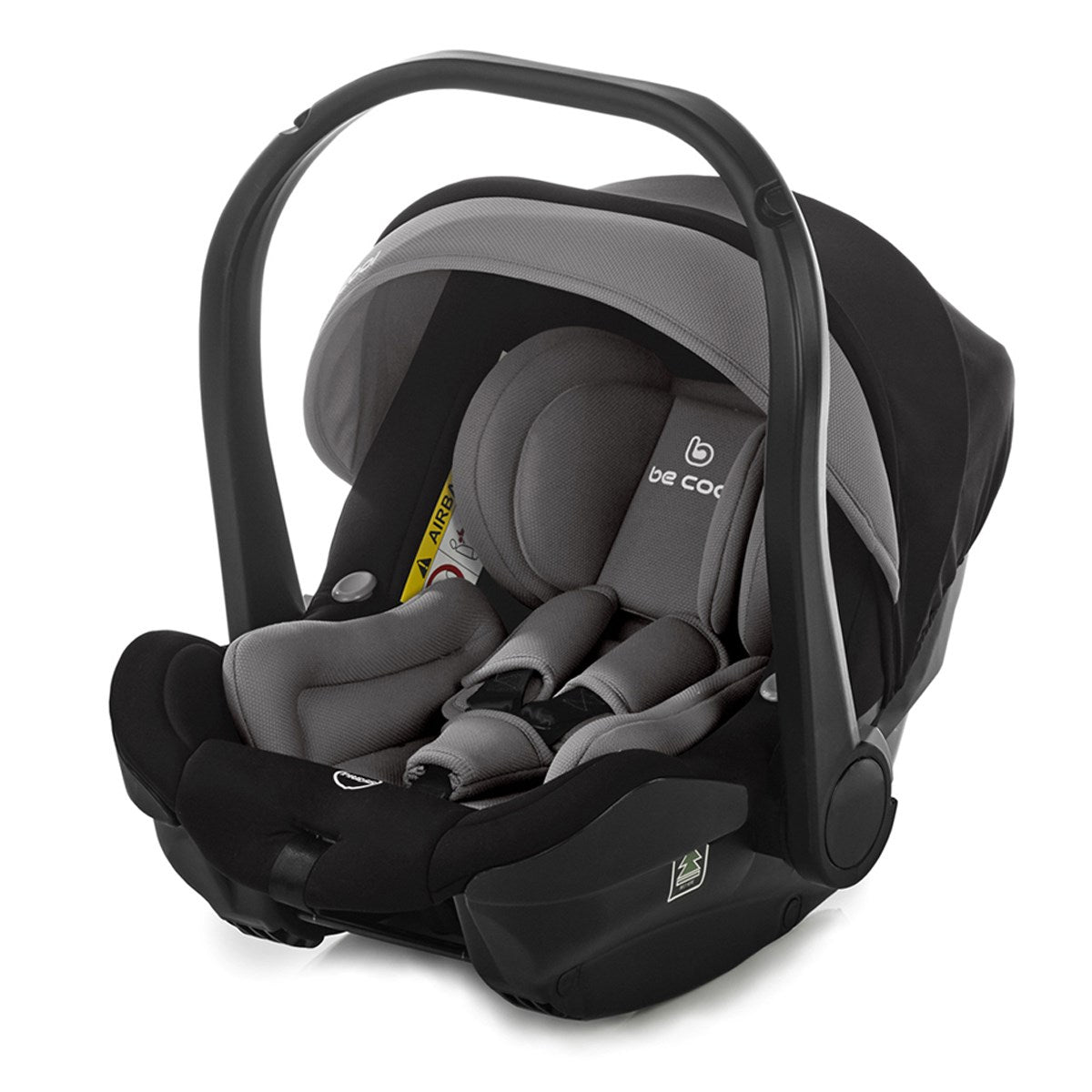 Baby car seat with black and gray design on a white background
