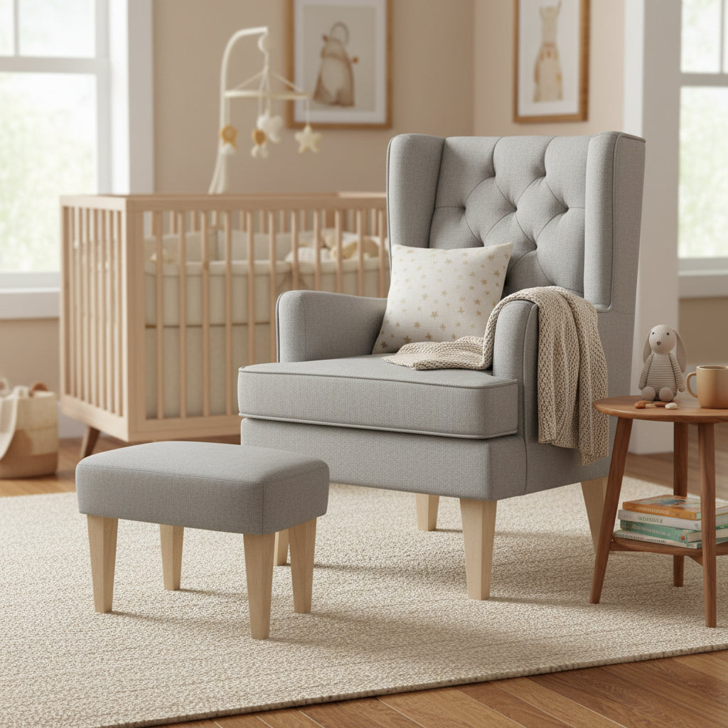 Gray armchair with ottoman in a nursery setting with crib and toys.