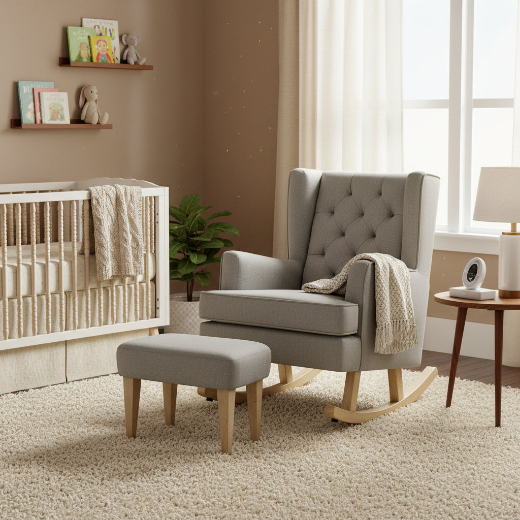 Nursery room with a rocking chair, ottoman, crib, and shelves.