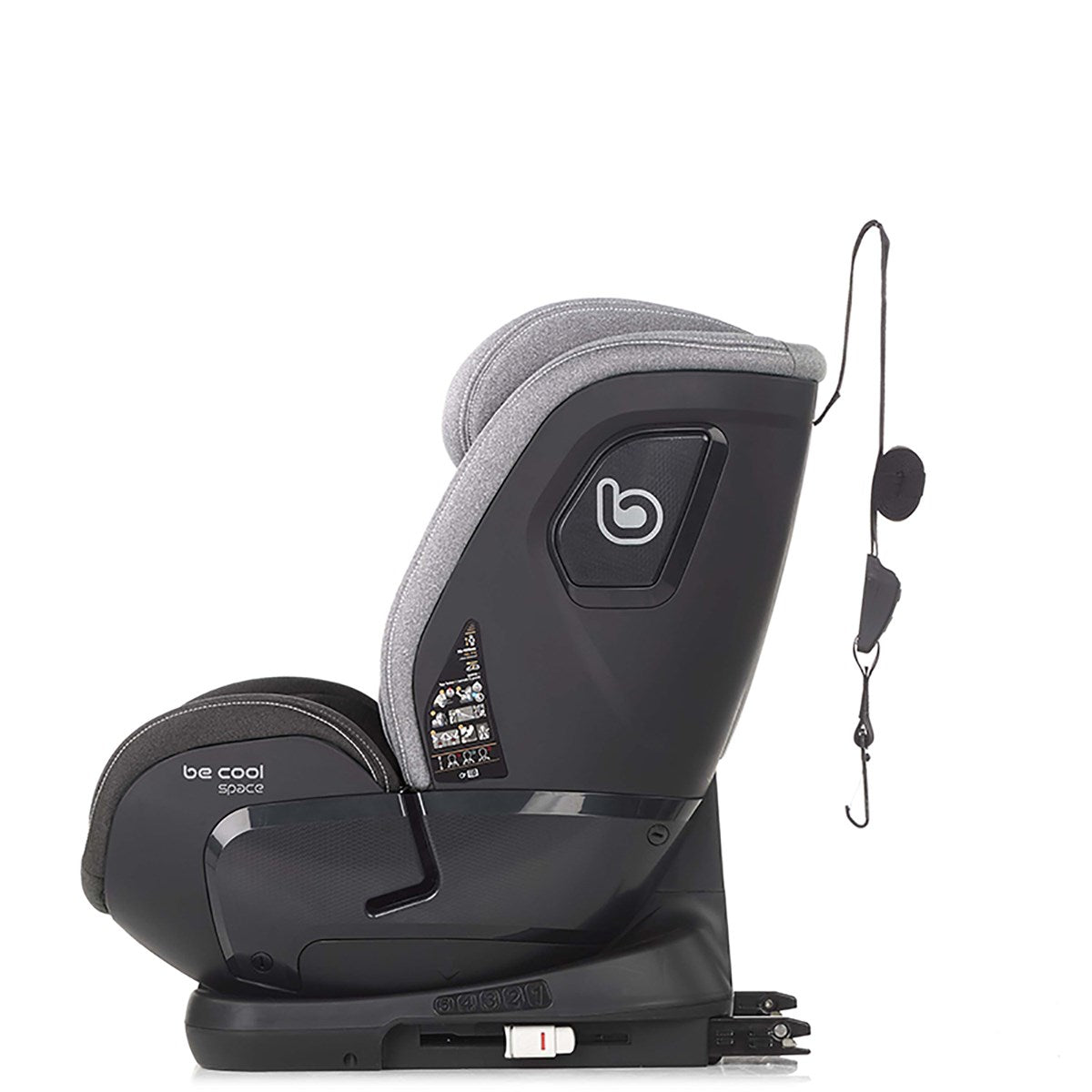 Black and gray car seat with a detachable harness on a white background