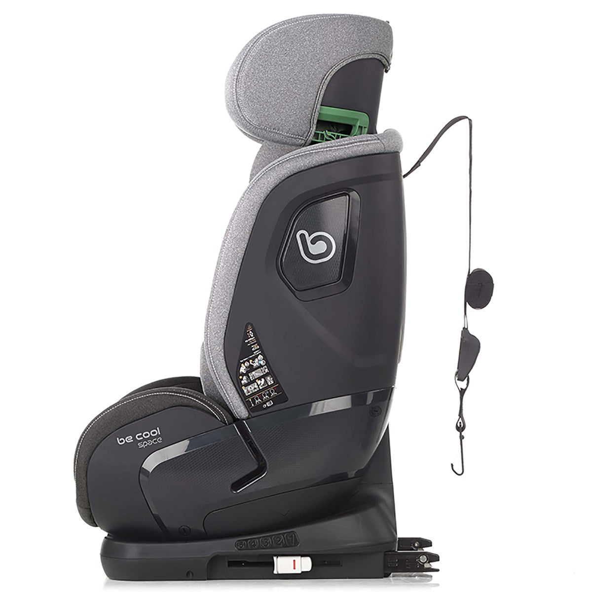 Gray and black car seat with a visible brand logo on a white background