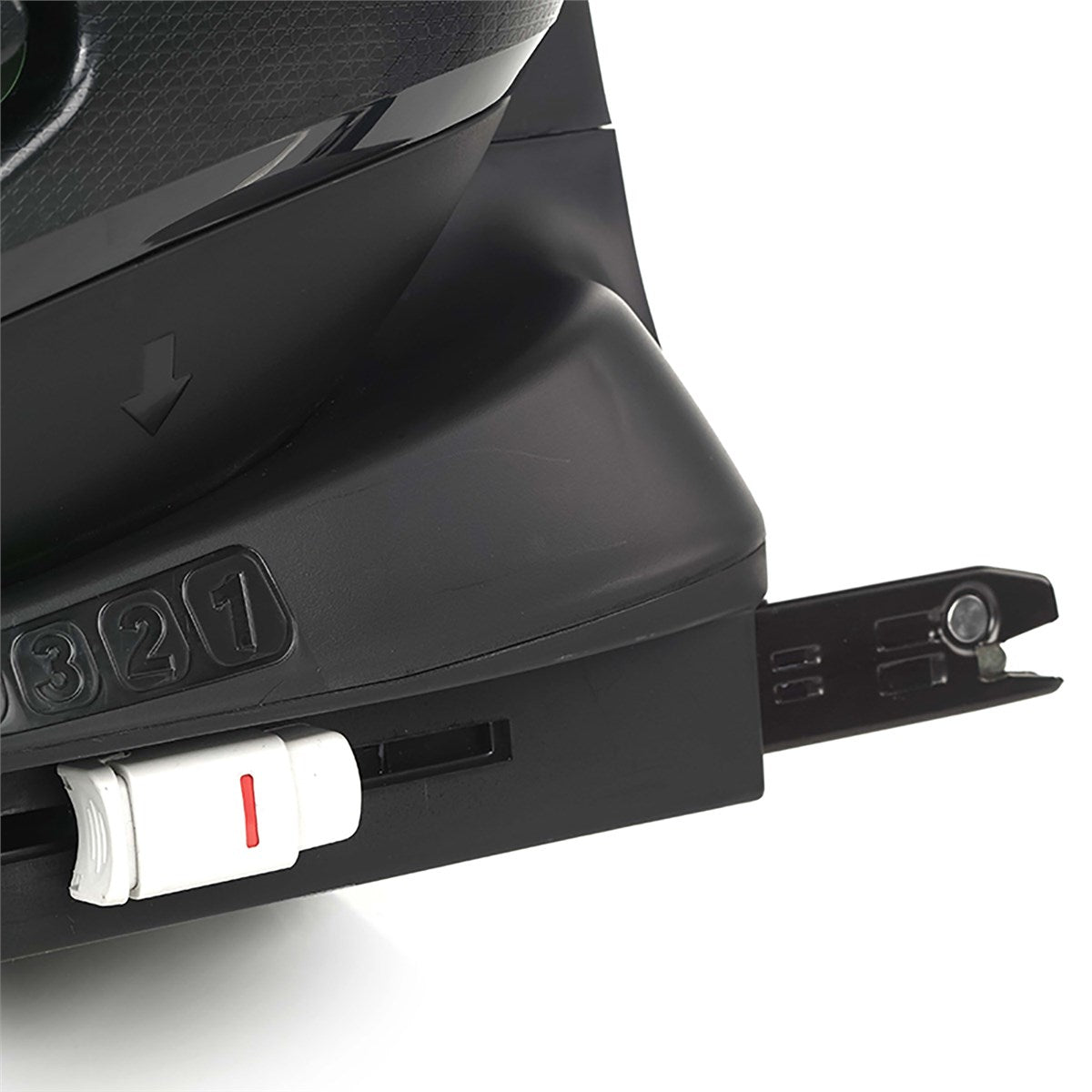 Close-up of a black carseat helmet with numbers '321' on a white background.