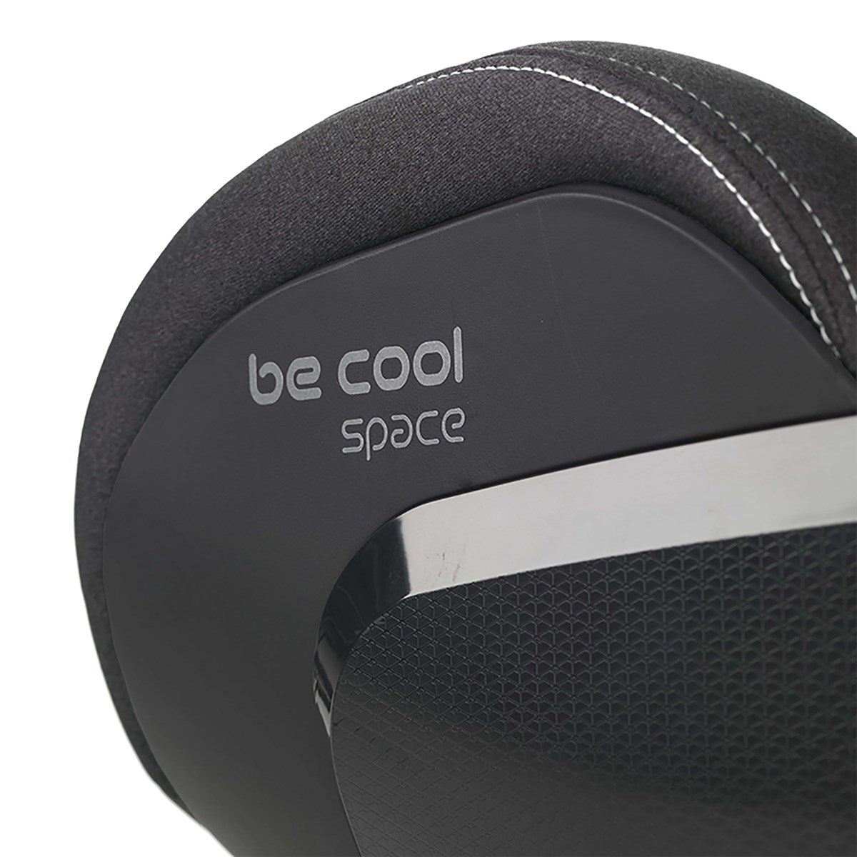 Close-up of a black and gray chair with 'be cool space' branding on a white background