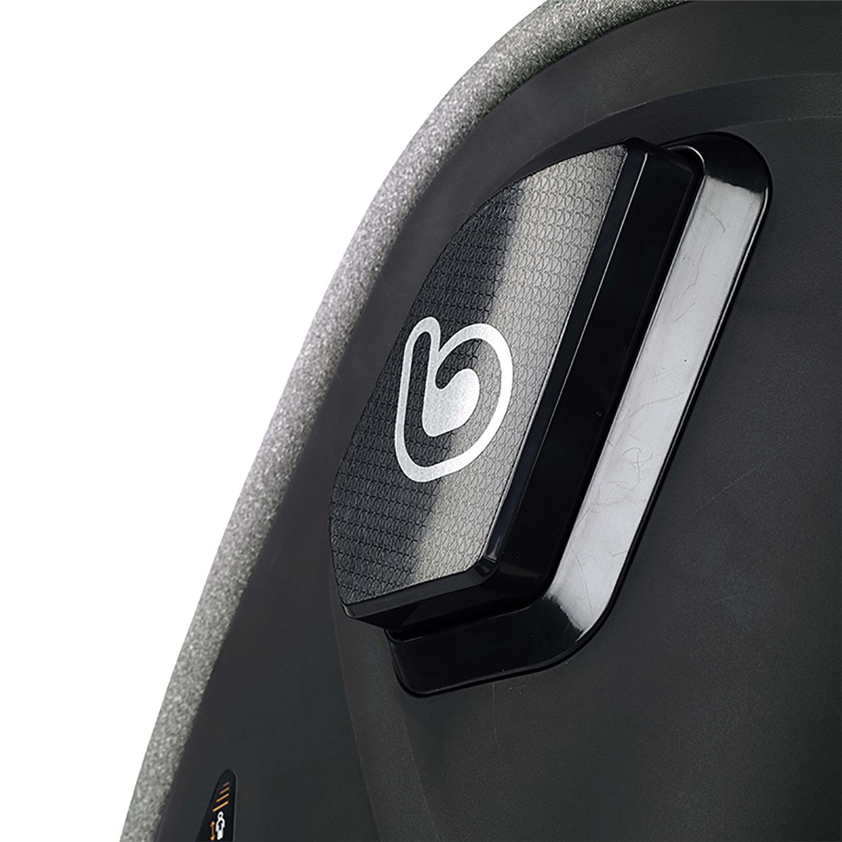 Close-up of a car seat with a logo on a white background