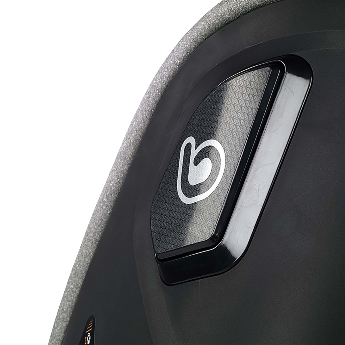 Close-up of a black and gray product with a logo on a white background