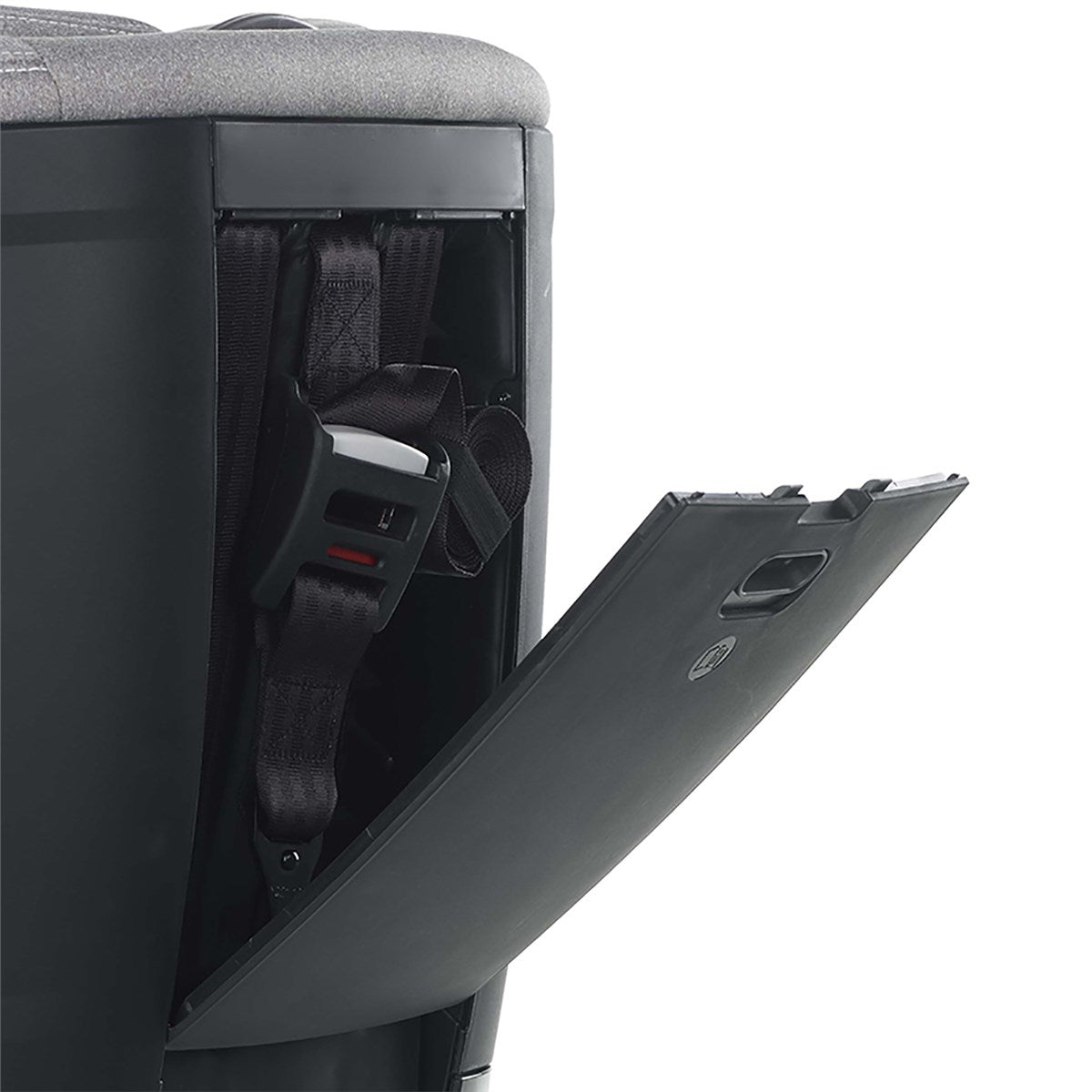 Close-up of a black car seat with a gray cushion on a white background