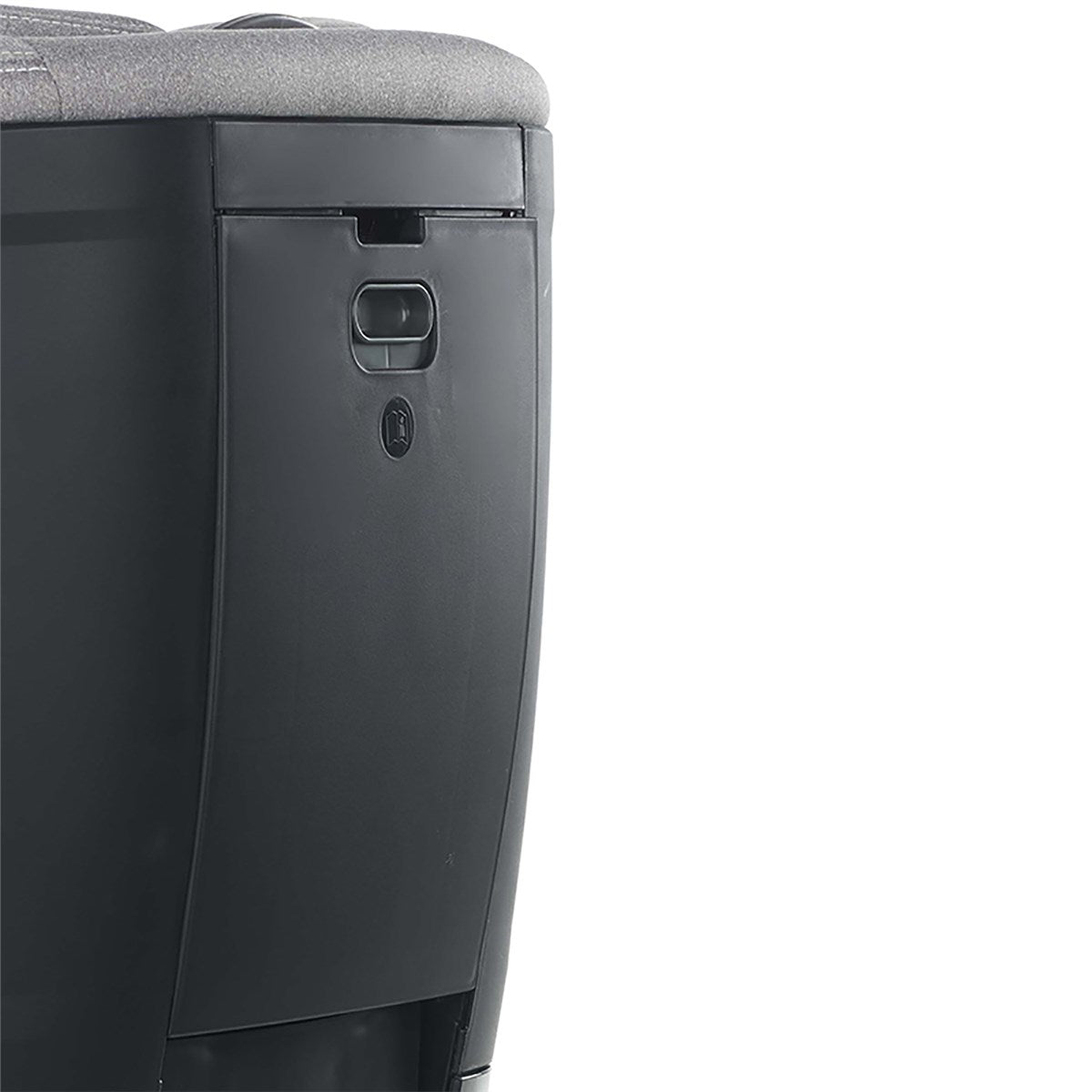 Close-up of a suitcase with a gray top and black body on a white background