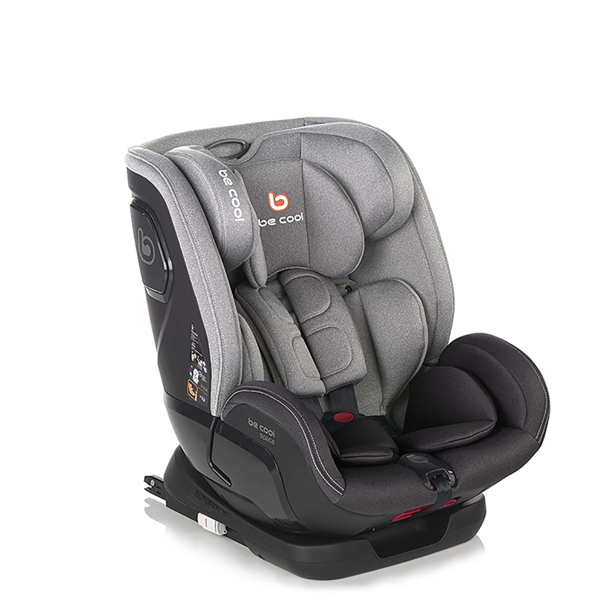 Gray and black car seat with 'be cool' branding on a white background