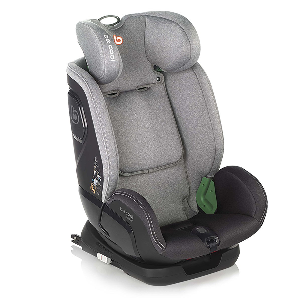 Gray and black car seat with 'be cool' branding on a white background
