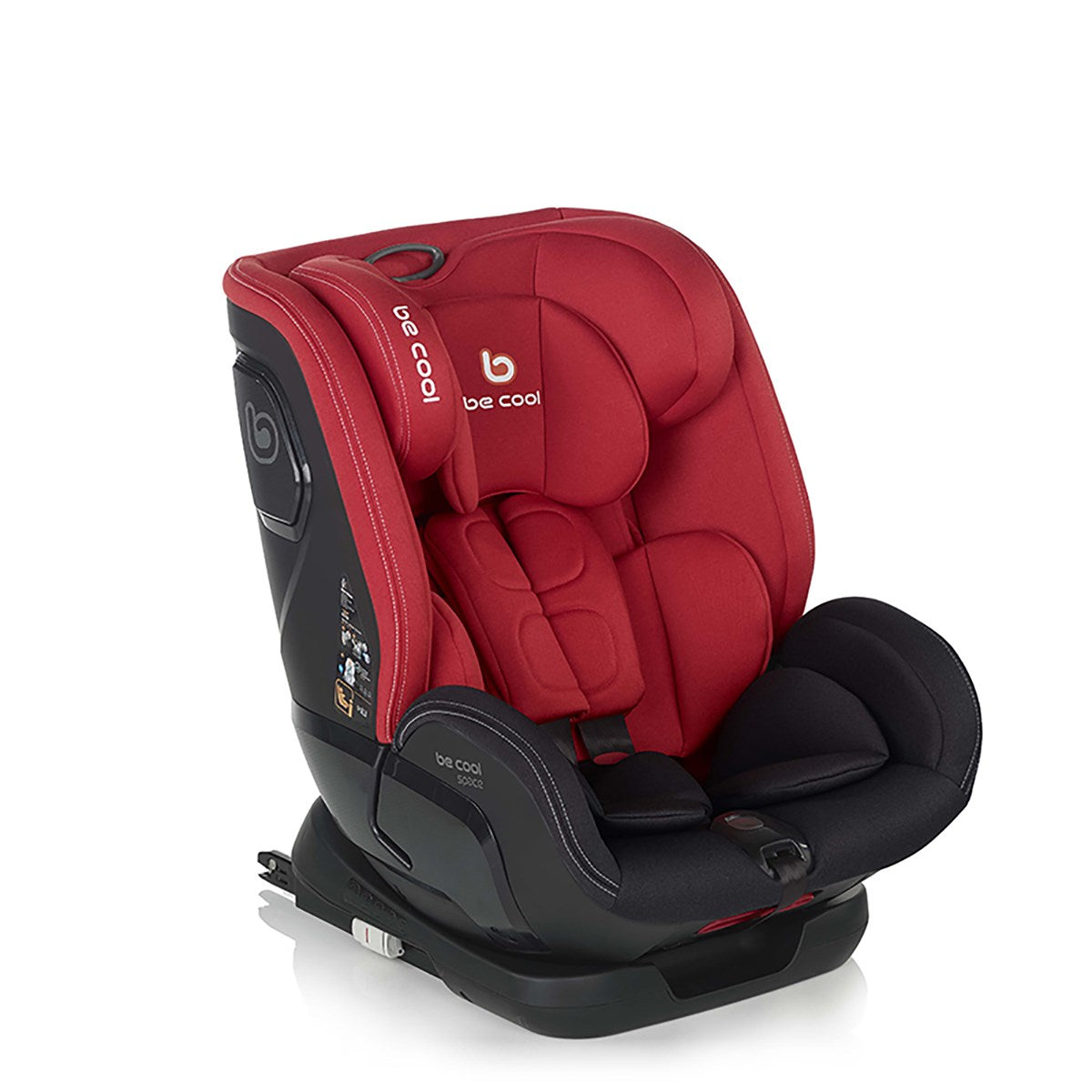 Red and black car seat with 'be cool' branding on a white background