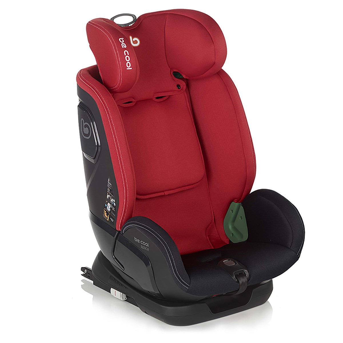 Red and black child car seat with 'be cool' branding on a white background