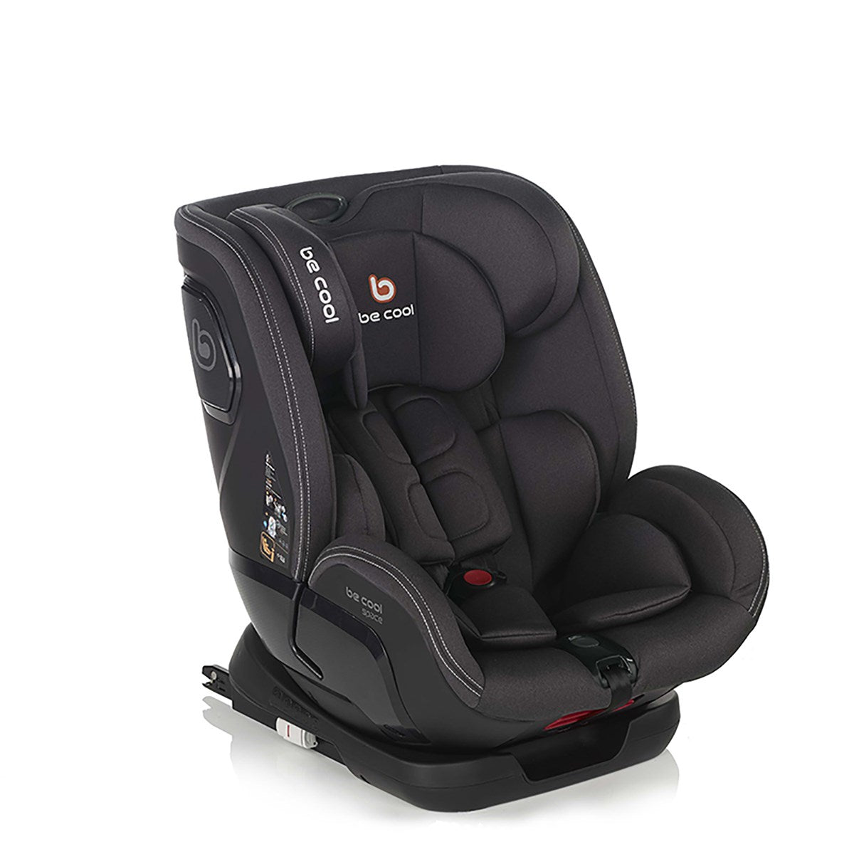 Black car seat with 'be cool' branding on a white background