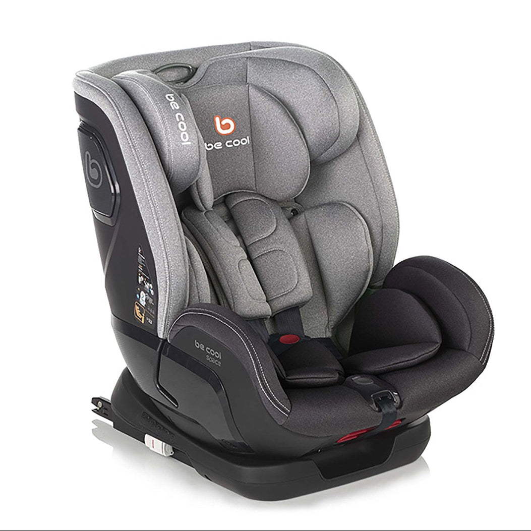 Gray and black car seat with 'be cool' branding on a white background