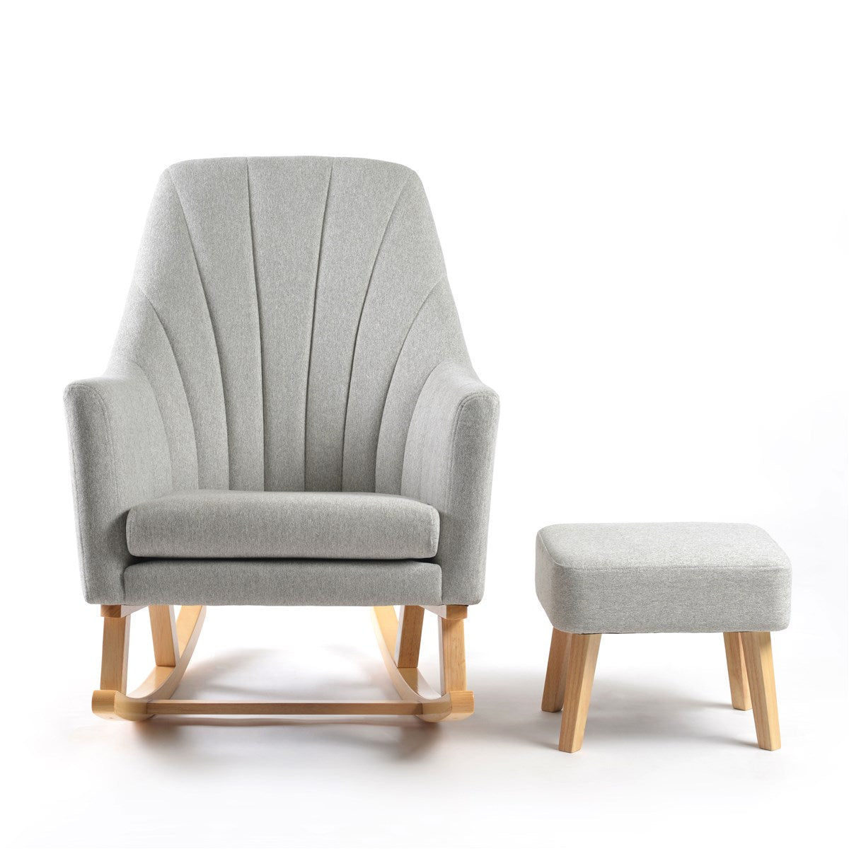Gray upholstered chair with wooden legs and matching ottoman on a white background