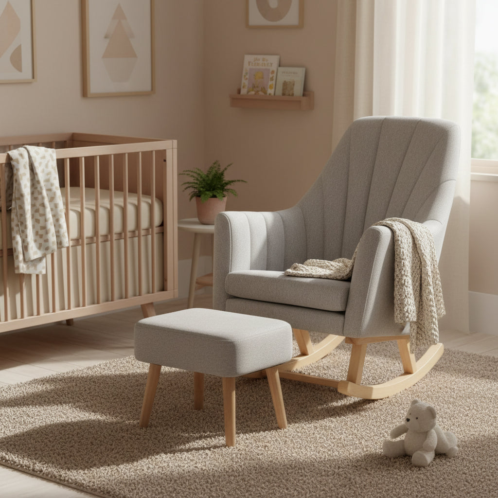 Nursery room with a crib, rocking chair, ottoman, and teddy bear.