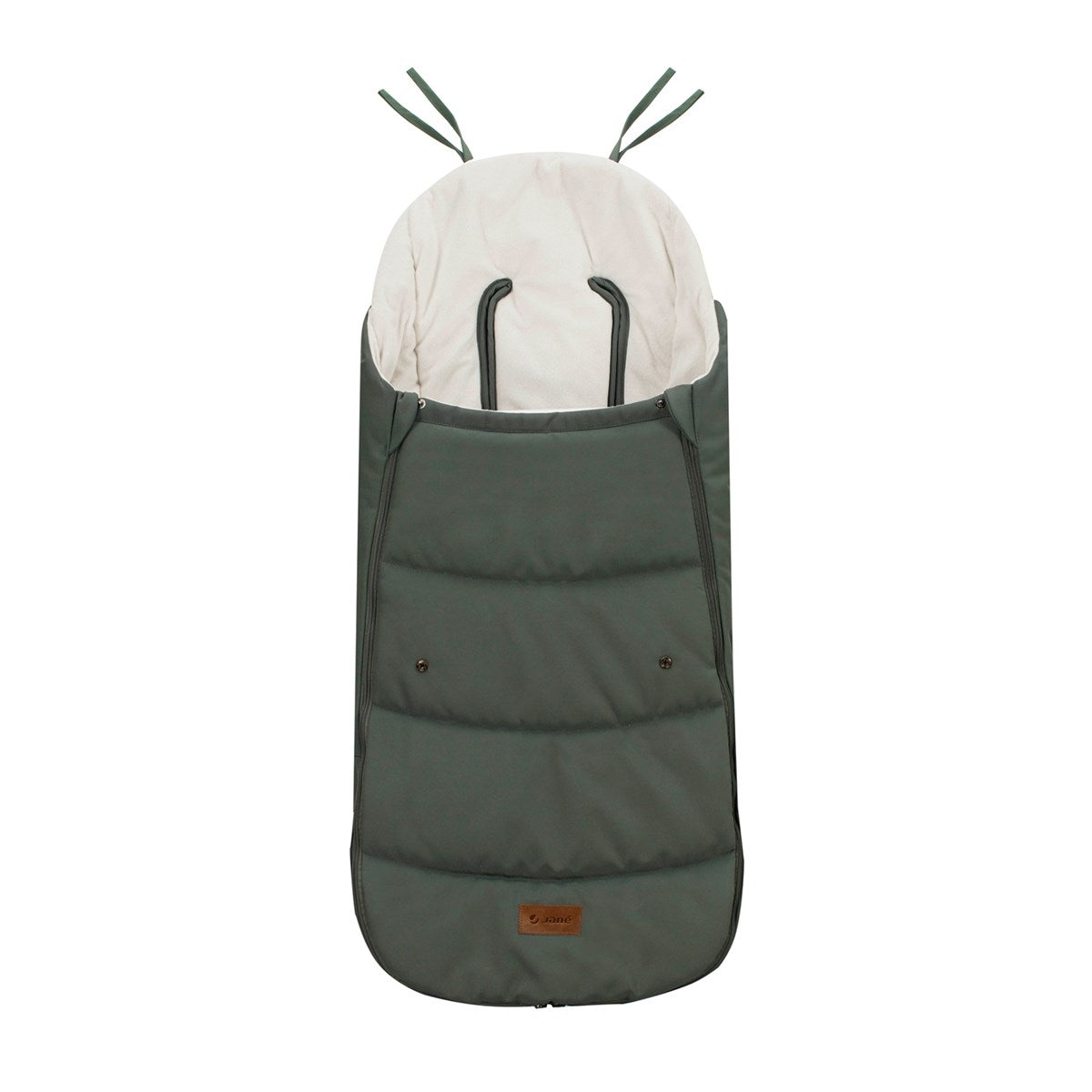 Green foot muff with white hood on a white background