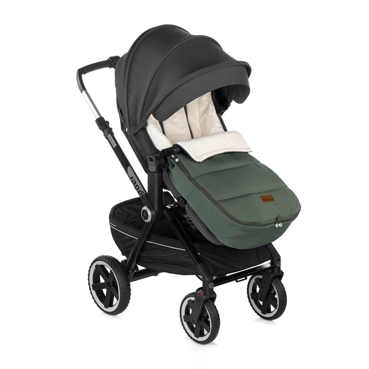 Green and black stroller on a white background