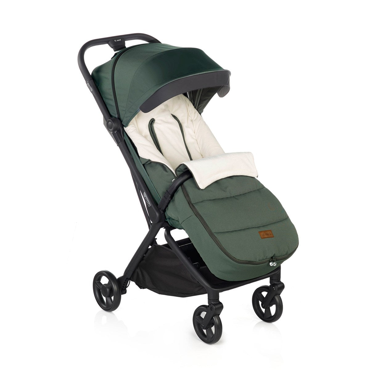 Green baby stroller with white cushion on a white background