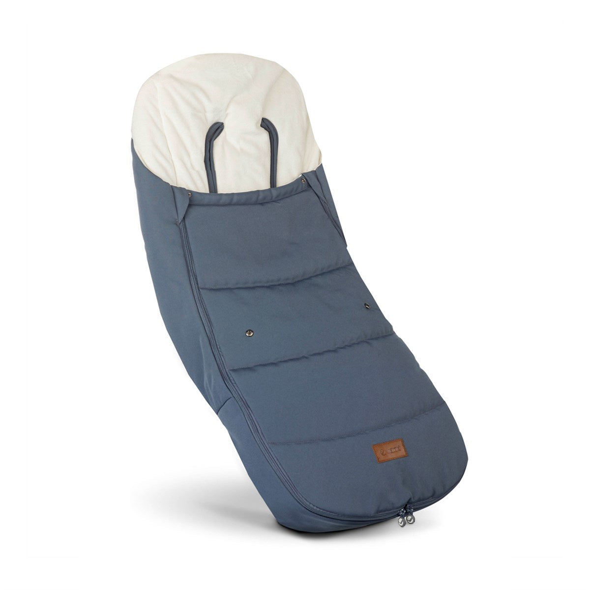 Blue baby footmuff with white interior on a white background