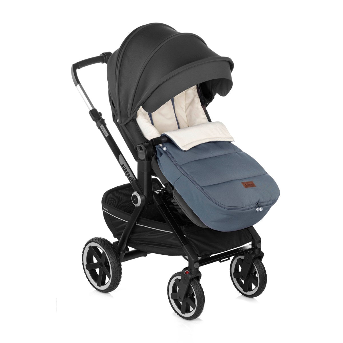 Black and blue stroller with a baby seat on a white background