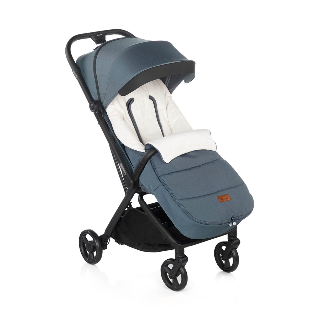 Blue baby stroller with white interior on a white background