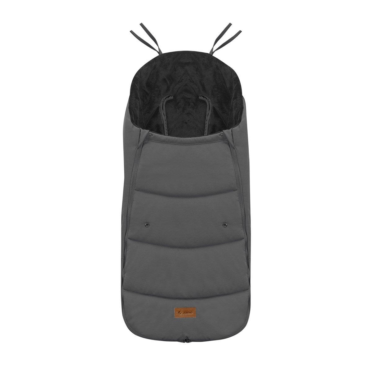 Gray baby footmuff with black interior on a white background
