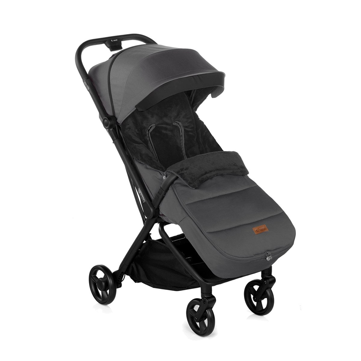 Black stroller with a canopy on a white background