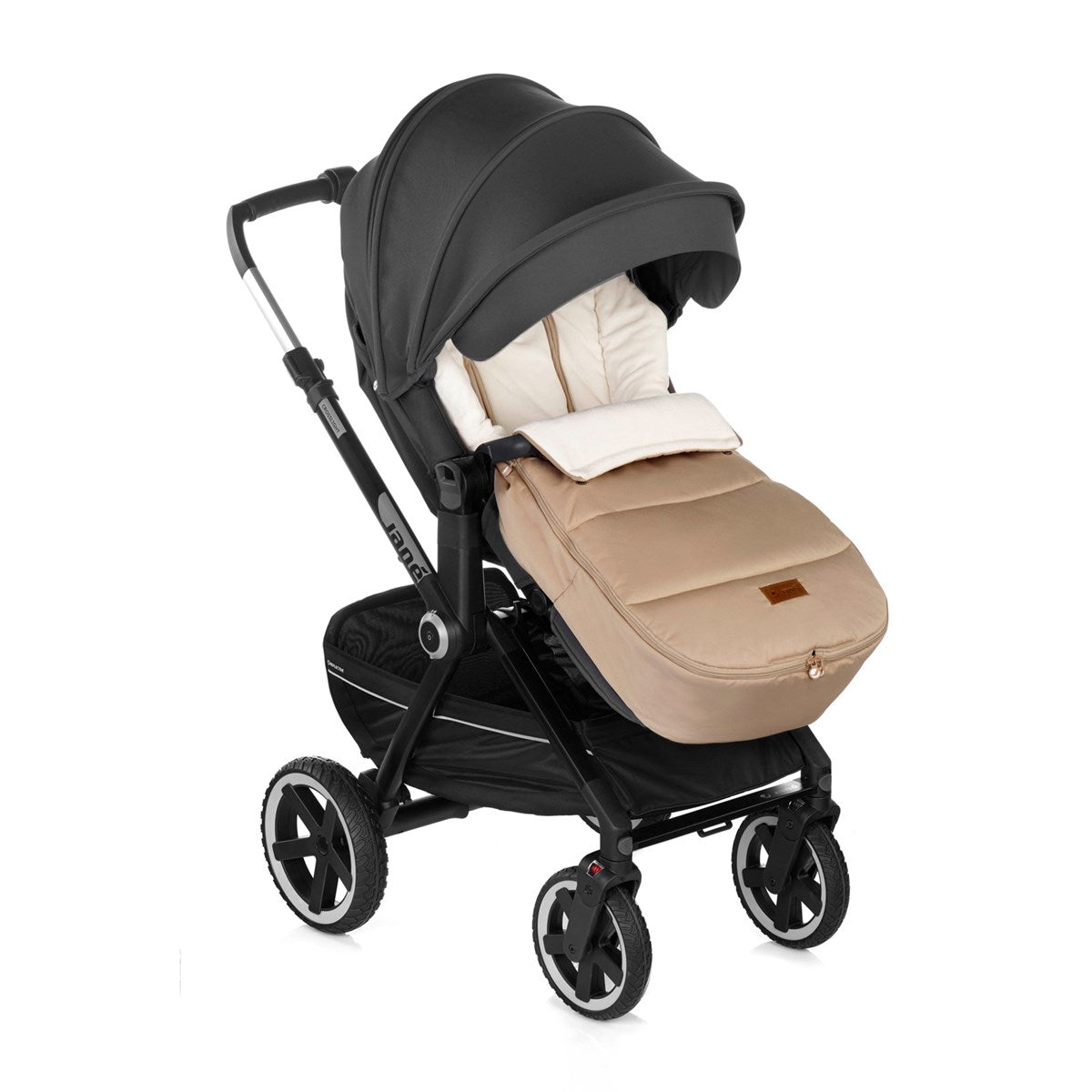 Black and beige stroller with a baby seat on a white background