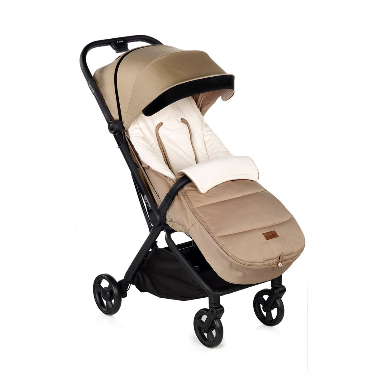 Beige baby stroller with black frame on a white background