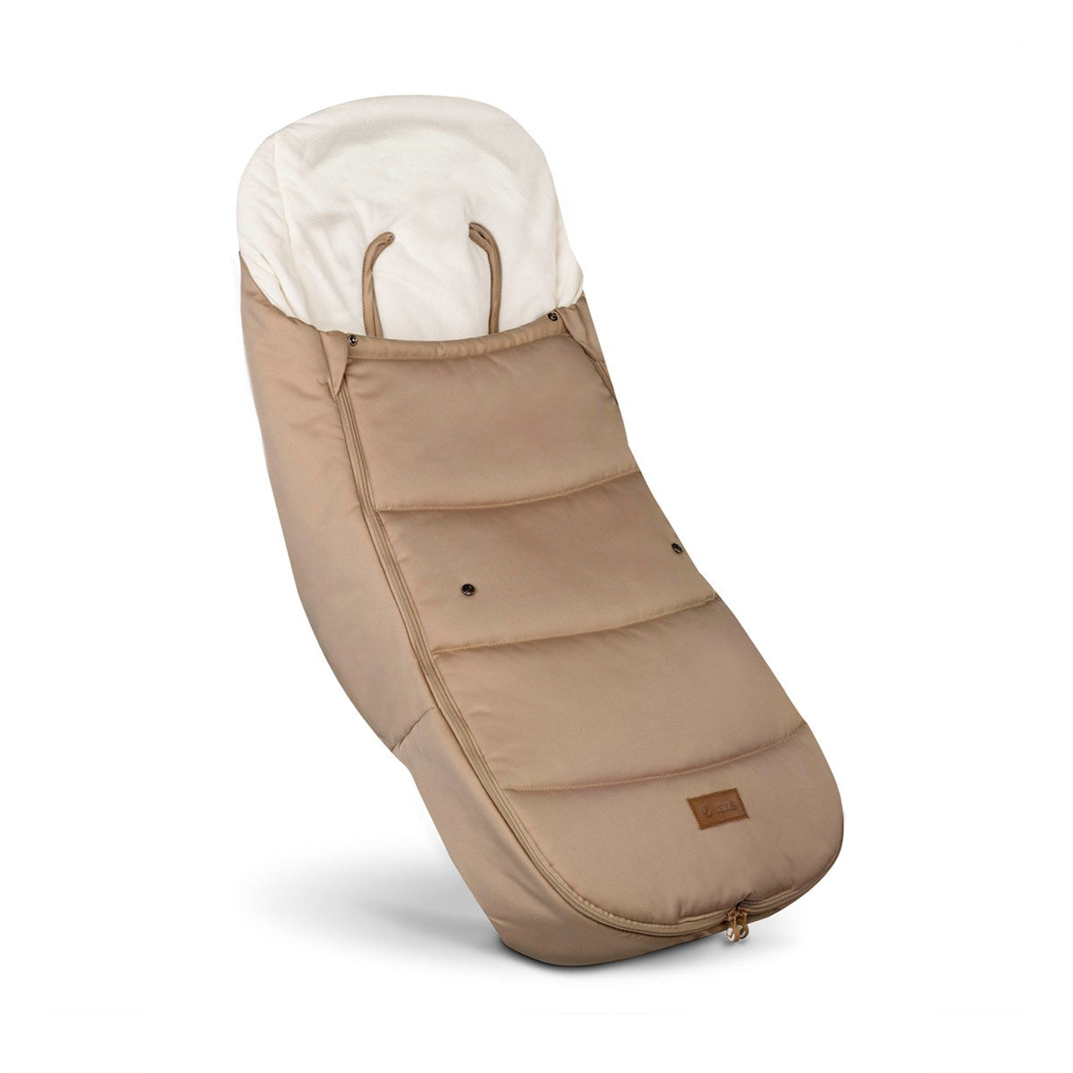 Beige baby footmuff with white interior on a white background