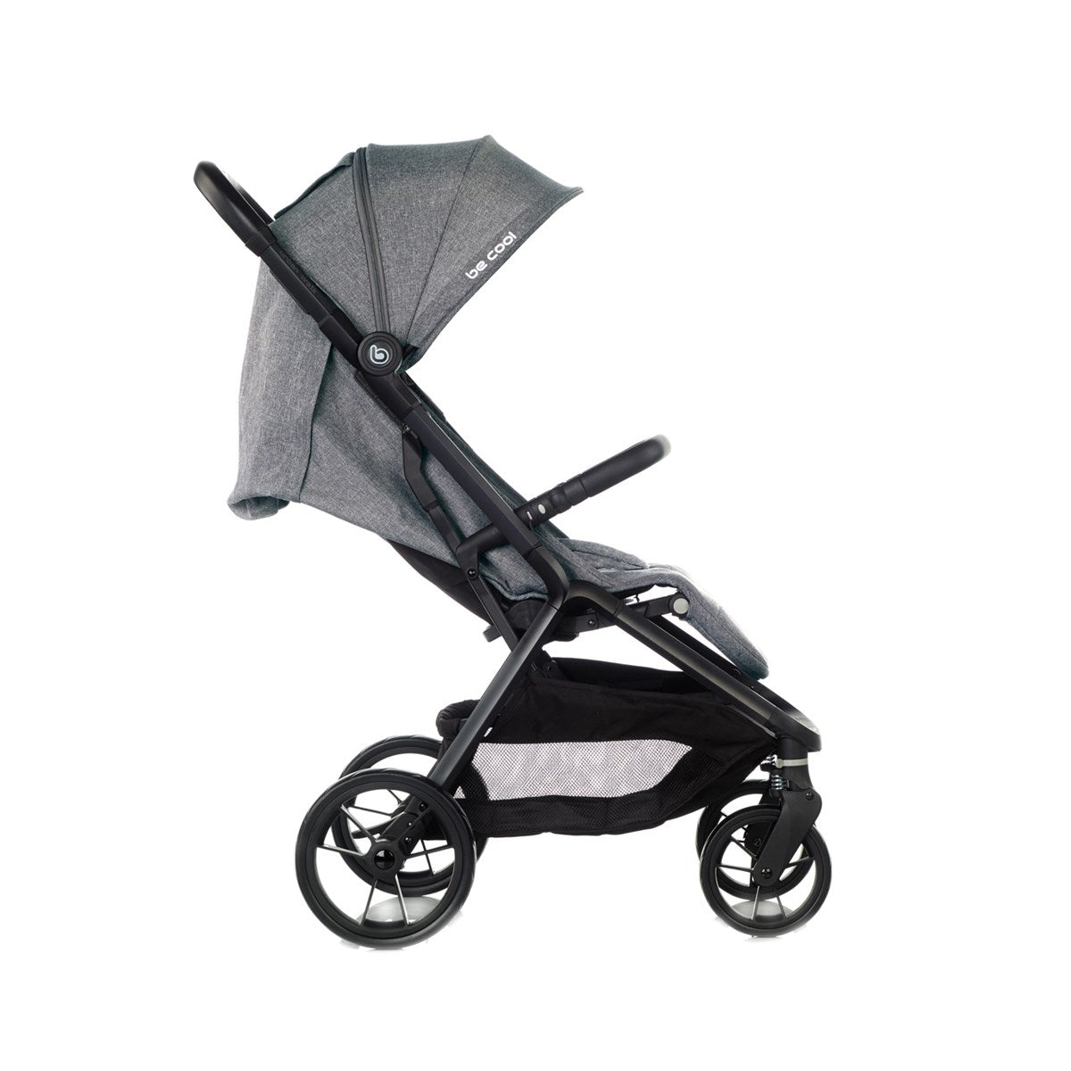 Gray stroller with black frame on a white background