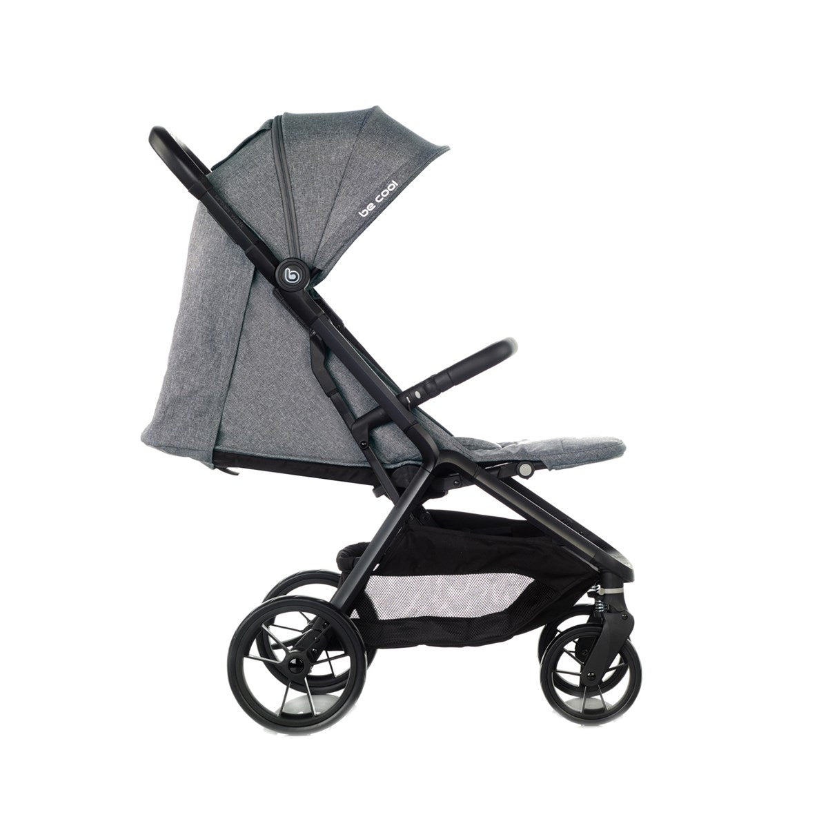 Gray and black stroller on a white background