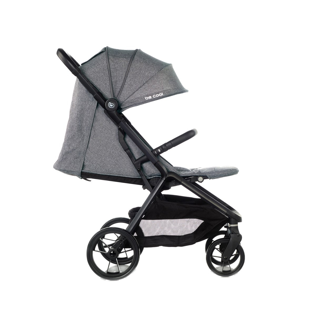Gray and black stroller with a visible brand logo on a white background