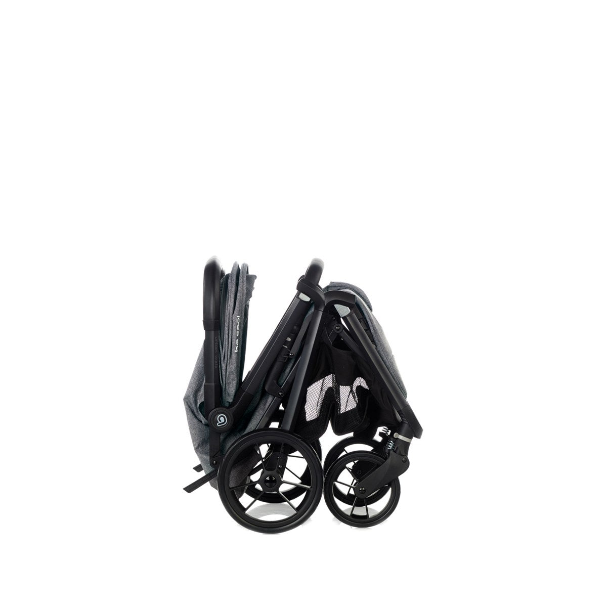 Black stroller folded on a white background