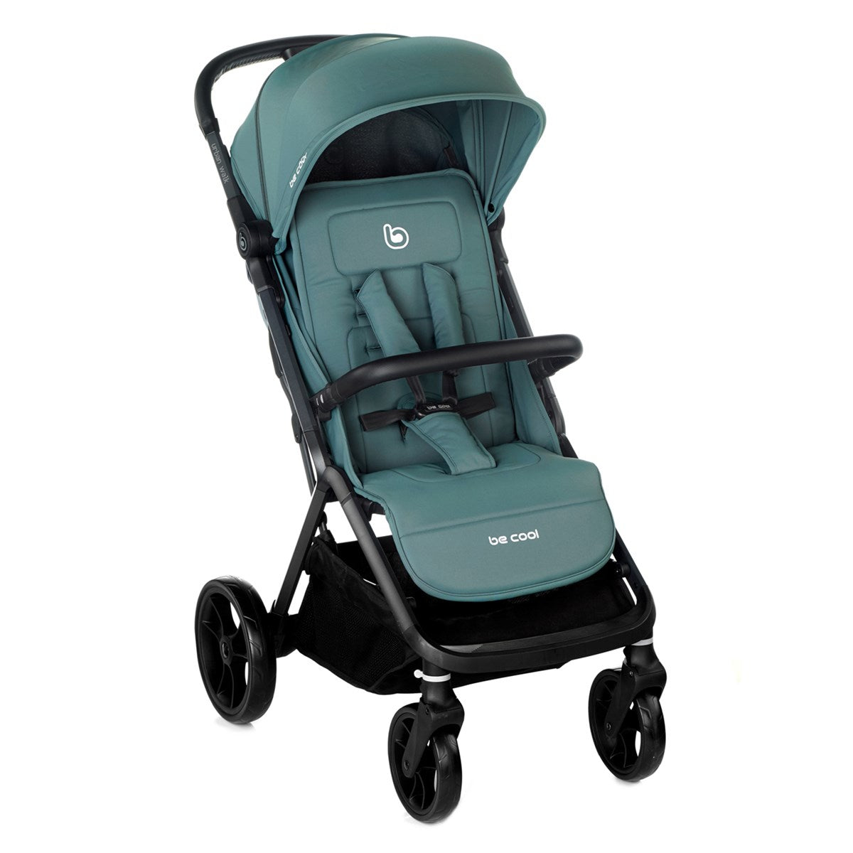 Teal baby stroller with black frame on a white background